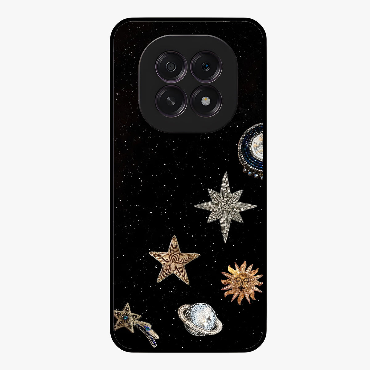 Galactic Charm Glow Glass Case showing flat back view with glowing celestial charm artwork and glossy glass finish.