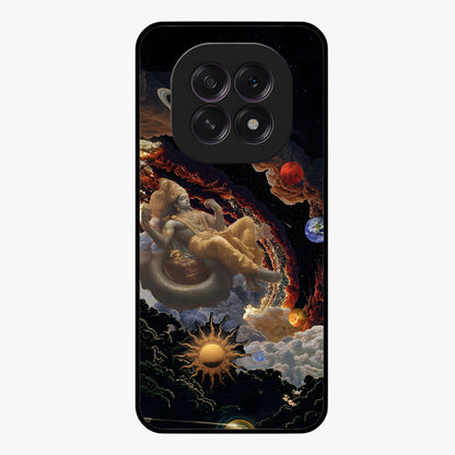 Galactic Divine God Glass Case showing flat back view with divine cosmic themed artwork and glossy glass finish.