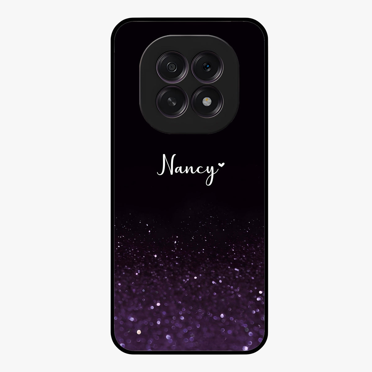Glittery Purple Bokeh Custom Name Glass Case showing flat back view with purple bokeh sparkle artwork and personalized name design.