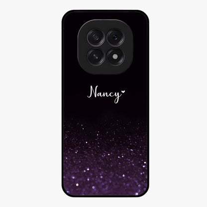Glittery Purple Bokeh Custom Name Glass Case showing flat back view with purple bokeh sparkle artwork and personalized name design.