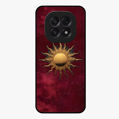 Gold Sun Blush Glass Case showing flat back view with golden sun inspired artwork and glossy glass finish.