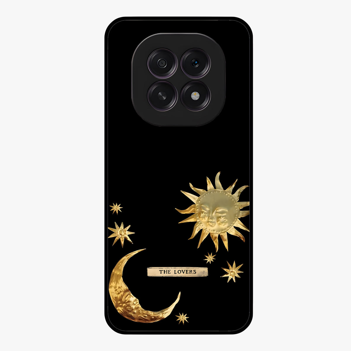 Golden Celestial Charm Glass Case showing flat back view with golden celestial charm artwork and glossy glass finish.