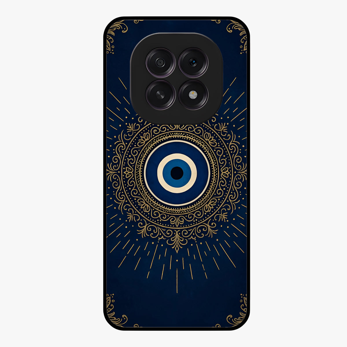 Golden Evil Eye Mandala Glass Case showing flat back view with intricate evil eye mandala artwork and glossy glass finish.
