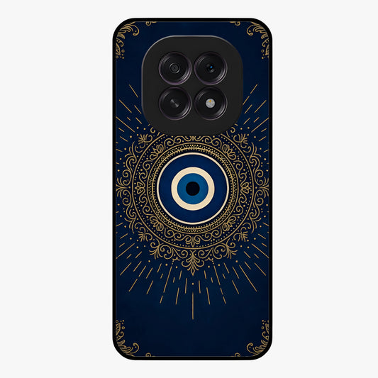 Golden Evil Eye Mandala Glass Case showing flat back view with intricate evil eye mandala artwork and glossy glass finish.