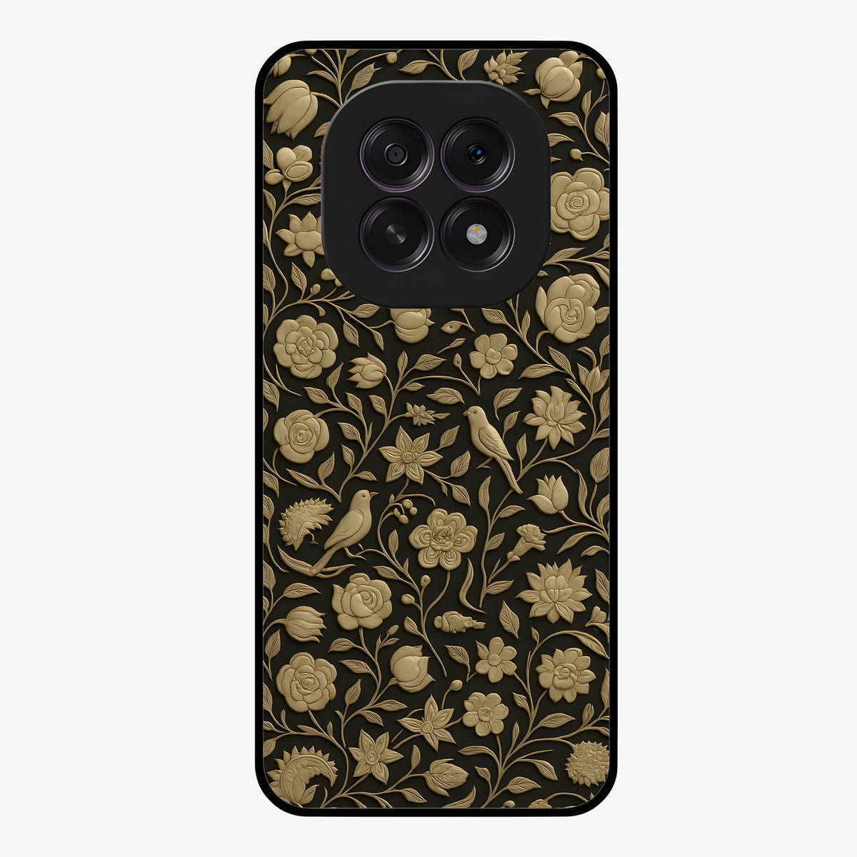 Golden Floral Majesty Glass Case showing flat back view with luxurious golden floral artwork and glossy glass finish.