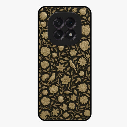 Golden Floral Majesty Glass Case showing flat back view with luxurious golden floral artwork and glossy glass finish.