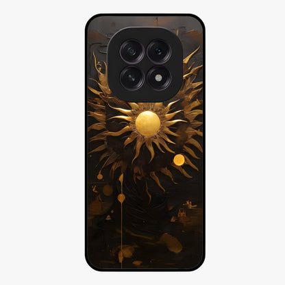 Golden Sun Majesty Glass Case showing flat back view with radiant golden sun artwork and glossy glass finish.