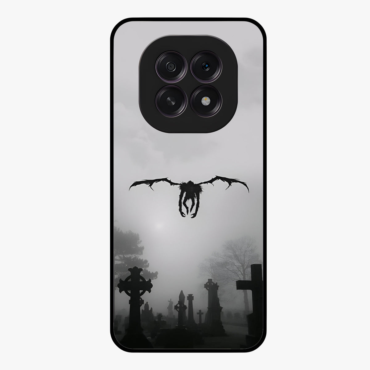 Graveyard Shadow Descent Glass Case showing flat back view with dark graveyard themed artwork and glossy glass finish.