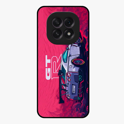 GT-R Car Pattern Glass Case showing flat back view with sporty car inspired pattern artwork and glossy glass finish.
