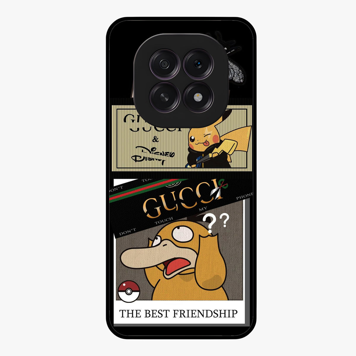Gucci Play Mashup Glass Case showing flat back view with luxury inspired graphic artwork and glossy glass finish.