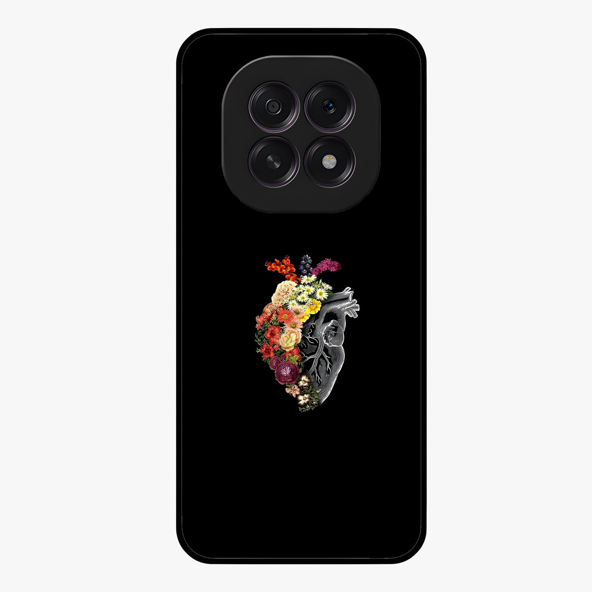 Heart With Flowers Glass Case showing flat back view with heart shaped floral artwork and glossy glass finish.
