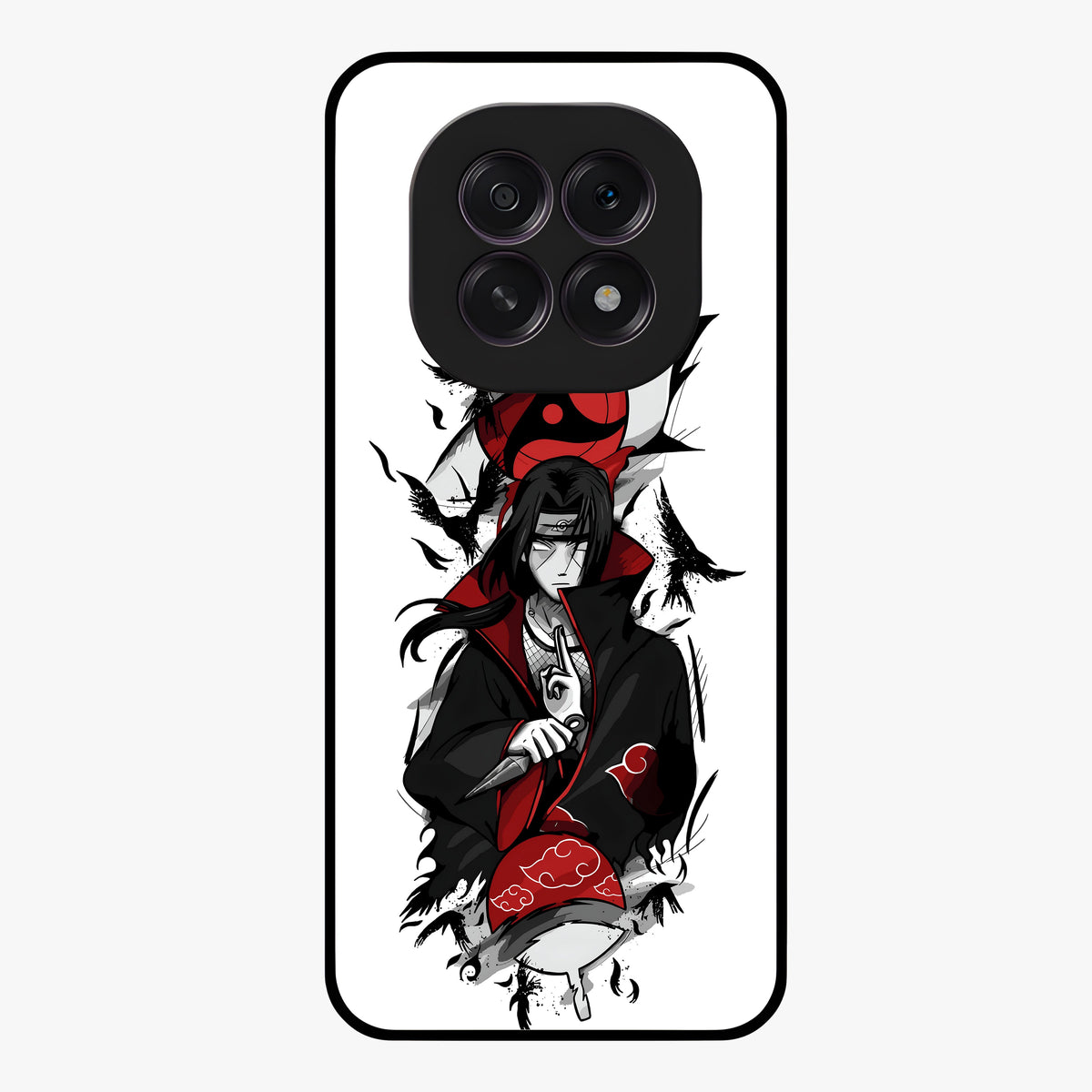Itachi Sharingan Glass Case showing flat back view with powerful anime eye artwork and glossy glass finish.