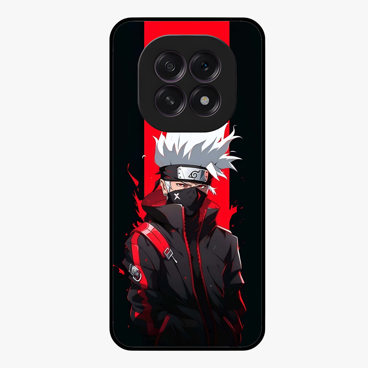 Kakashi Scarlet Shadow Glass Case showing flat back view with powerful anime ninja artwork and glossy glass finish.