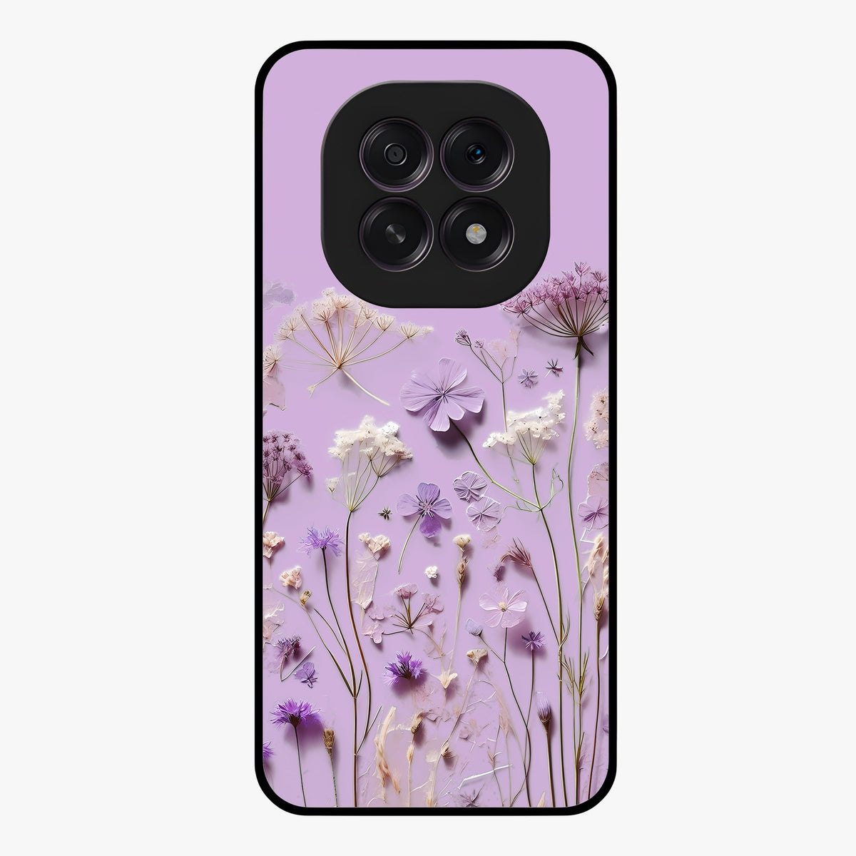 Lavender Blossom Dream Glass Case showing flat back view with soft lavender floral artwork and glossy glass finish.