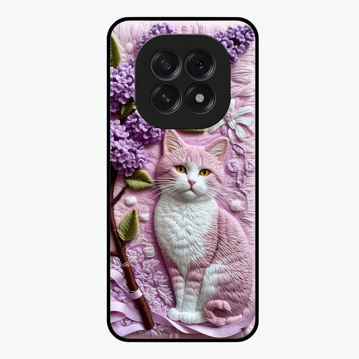 Lavender Cat Whimsy Glass Case showing flat back view with cute lavender cat artwork and glossy glass finish.