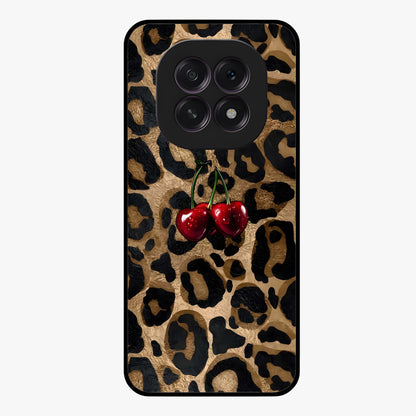 Leopard Wild Cherry Glass Case showing flat back view with leopard pattern and cherry artwork and glossy glass finish.