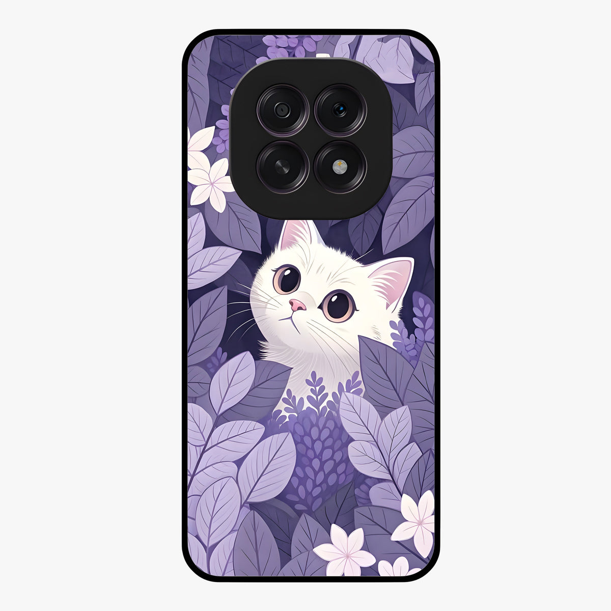 Lilac Hide Peek Cat Glass Case showing flat back view with cute peeking cat artwork and glossy glass finish.