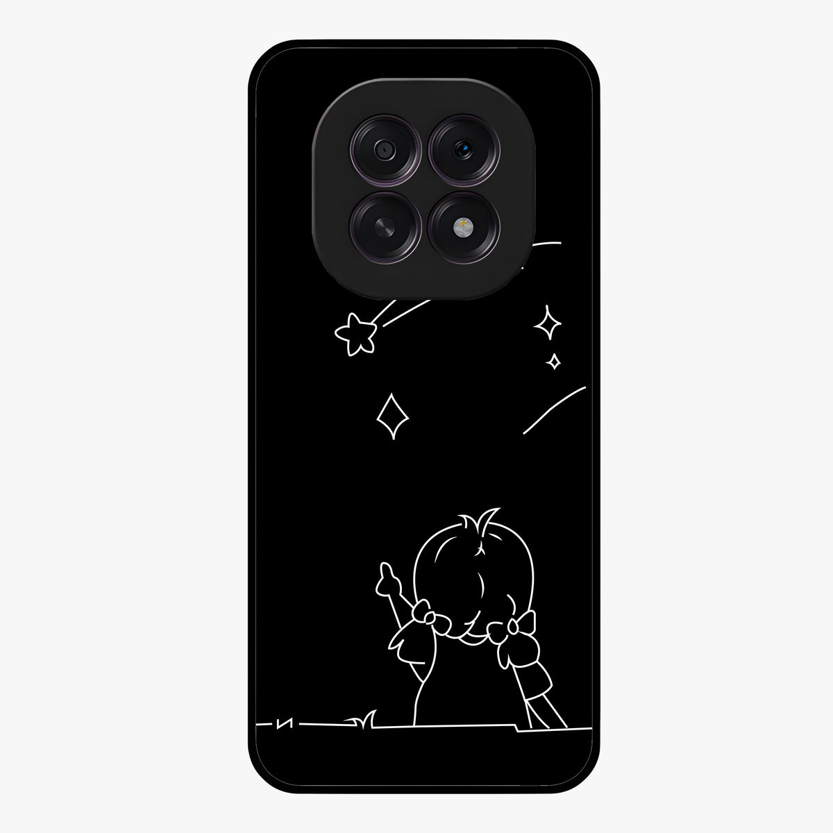 Line Art Girl With Shooting Stars Glass Case showing flat back view with minimal line art girl and shooting stars illustration and glossy glass finish.