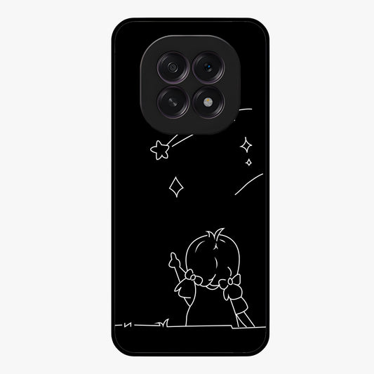 Line Art Girl With Shooting Stars Glass Case showing flat back view with minimal line art girl and shooting stars illustration and glossy glass finish.