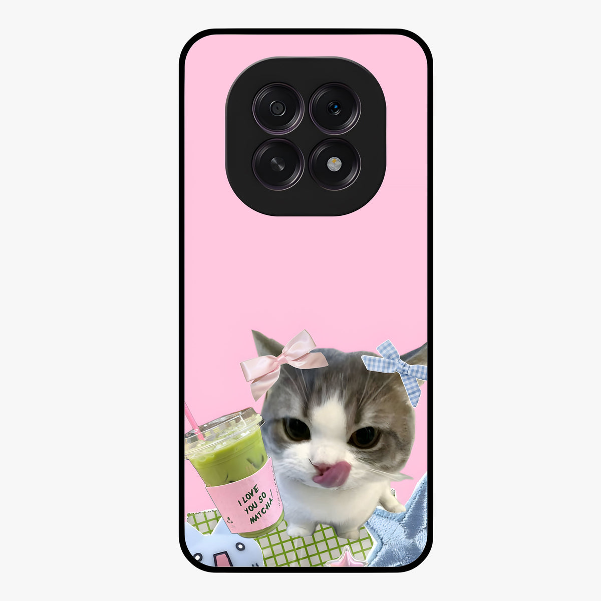 Love Matcha Cat Glass Case showing flat back view with cute cat and matcha themed artwork and glossy glass finish.
