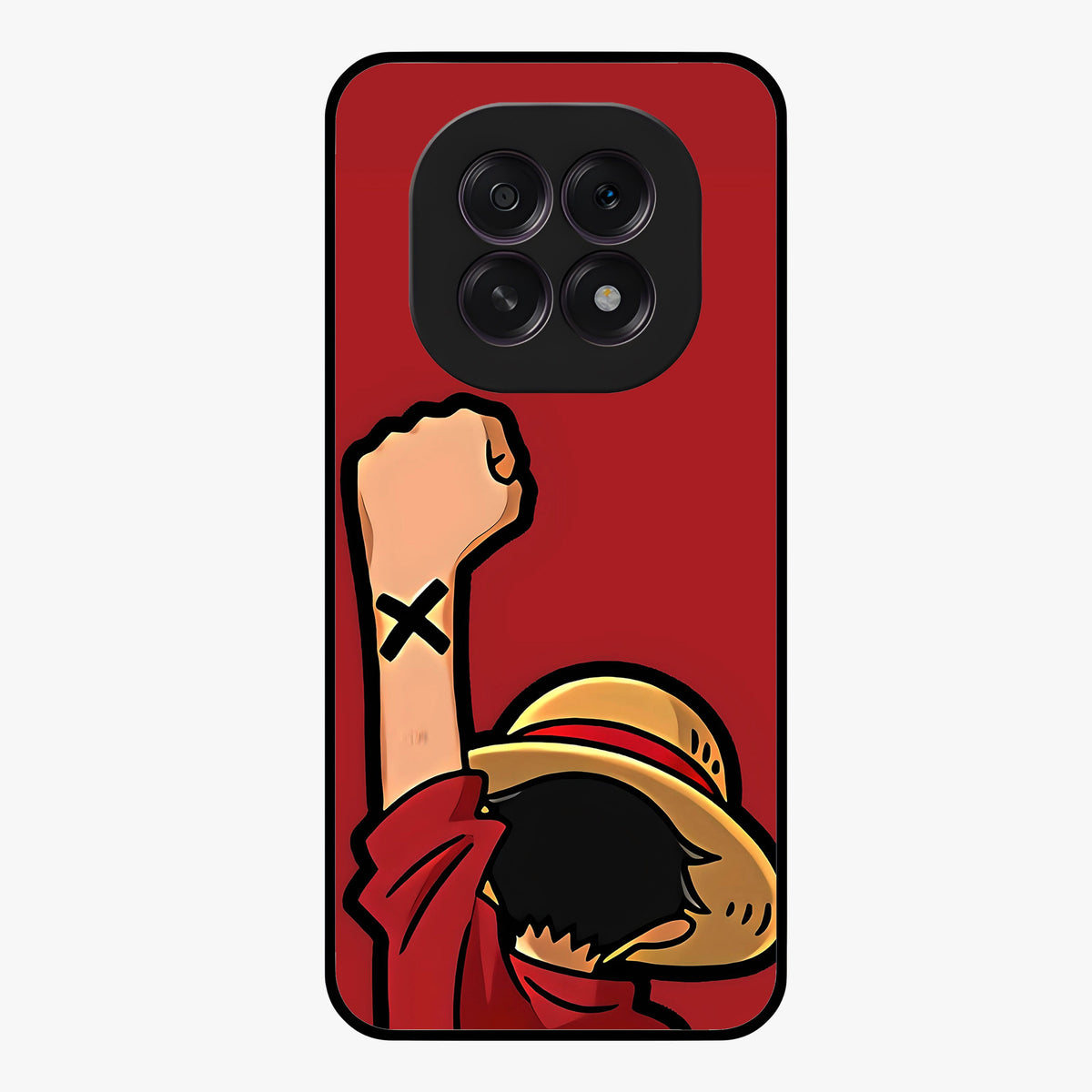 Luffy X Spirit Glass Case showing flat back view with bold anime character artwork and glossy glass finish.
