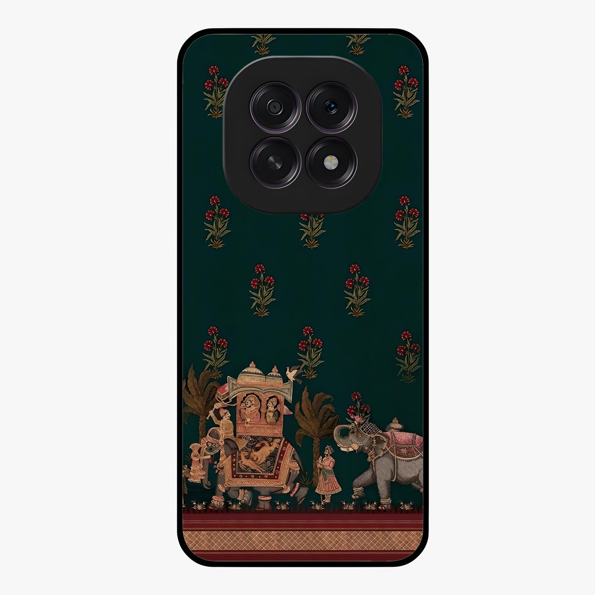 Macmerise Glass Case showing flat back view with stylish modern artwork and glossy glass finish.