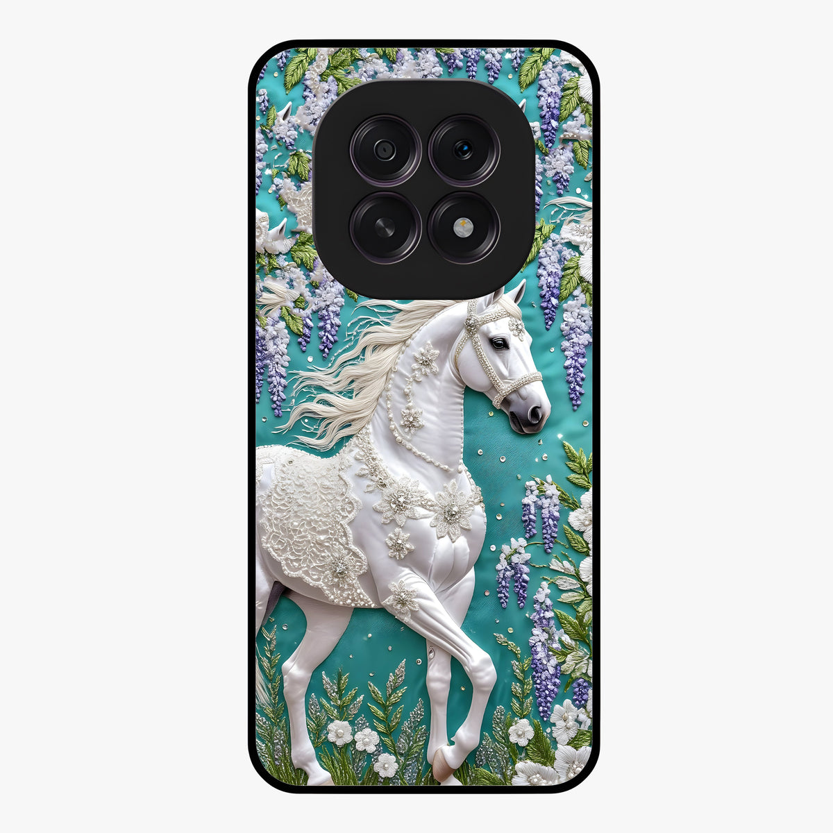 Majestic Floral Stallion Glass Case showing flat back view with powerful horse and floral artwork and glossy glass finish.