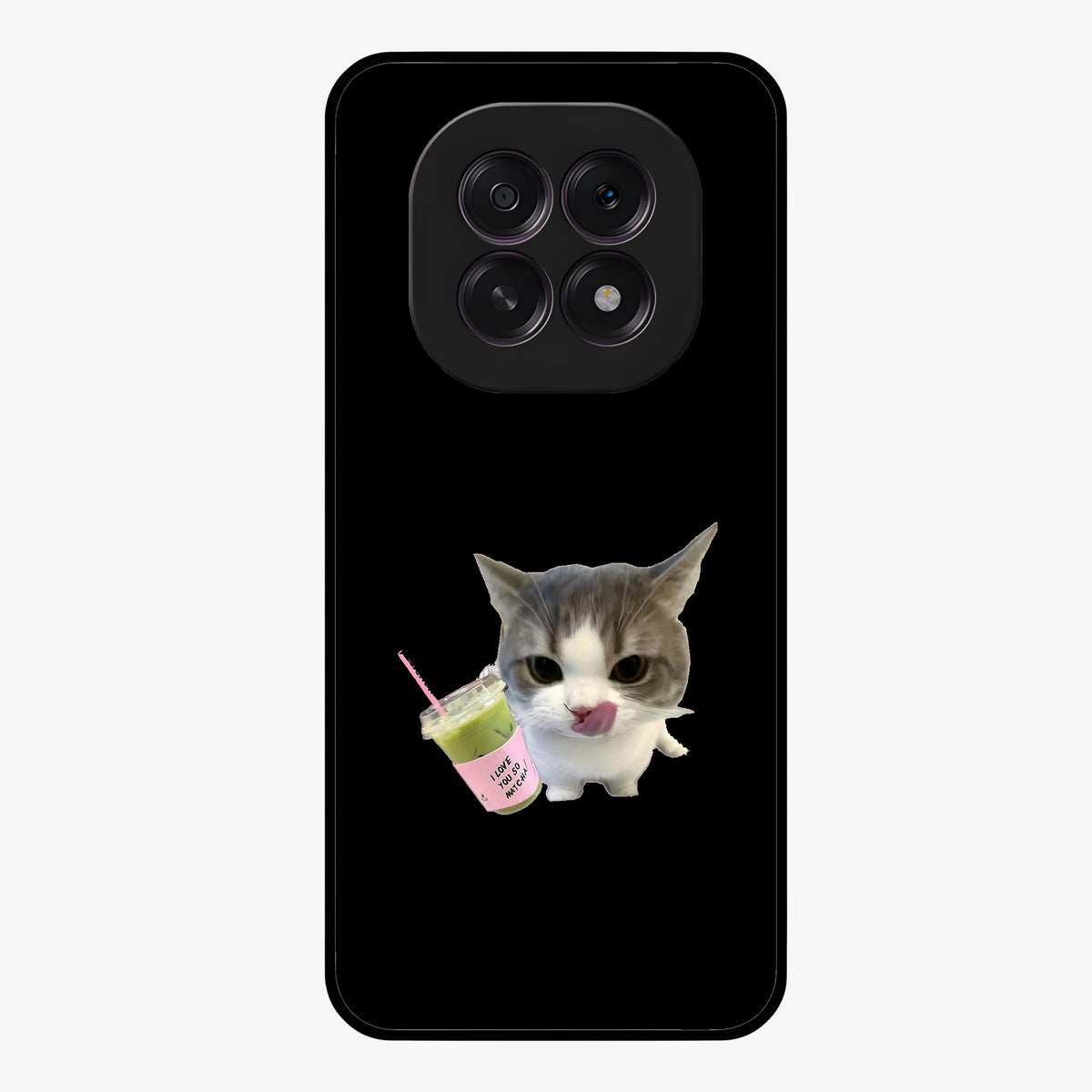 Matcha Cat Style Glass Case showing flat back view with cute matcha themed cat artwork and glossy glass finish.