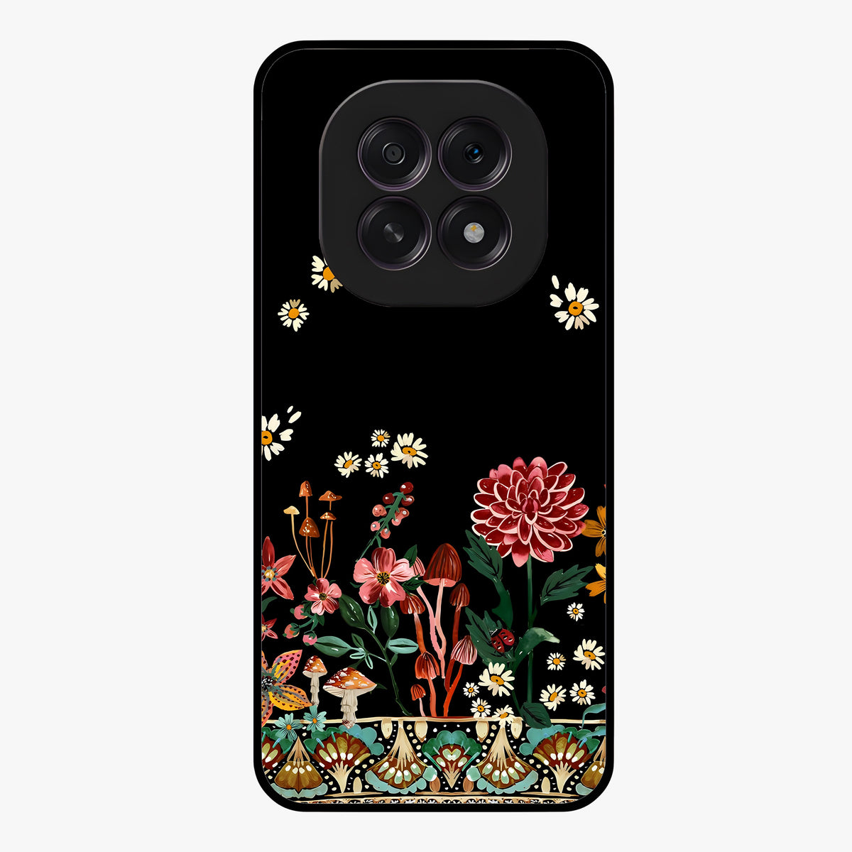 Midnight Bloom Pattern Glass Case showing flat back view with dark floral pattern artwork and glossy glass finish.