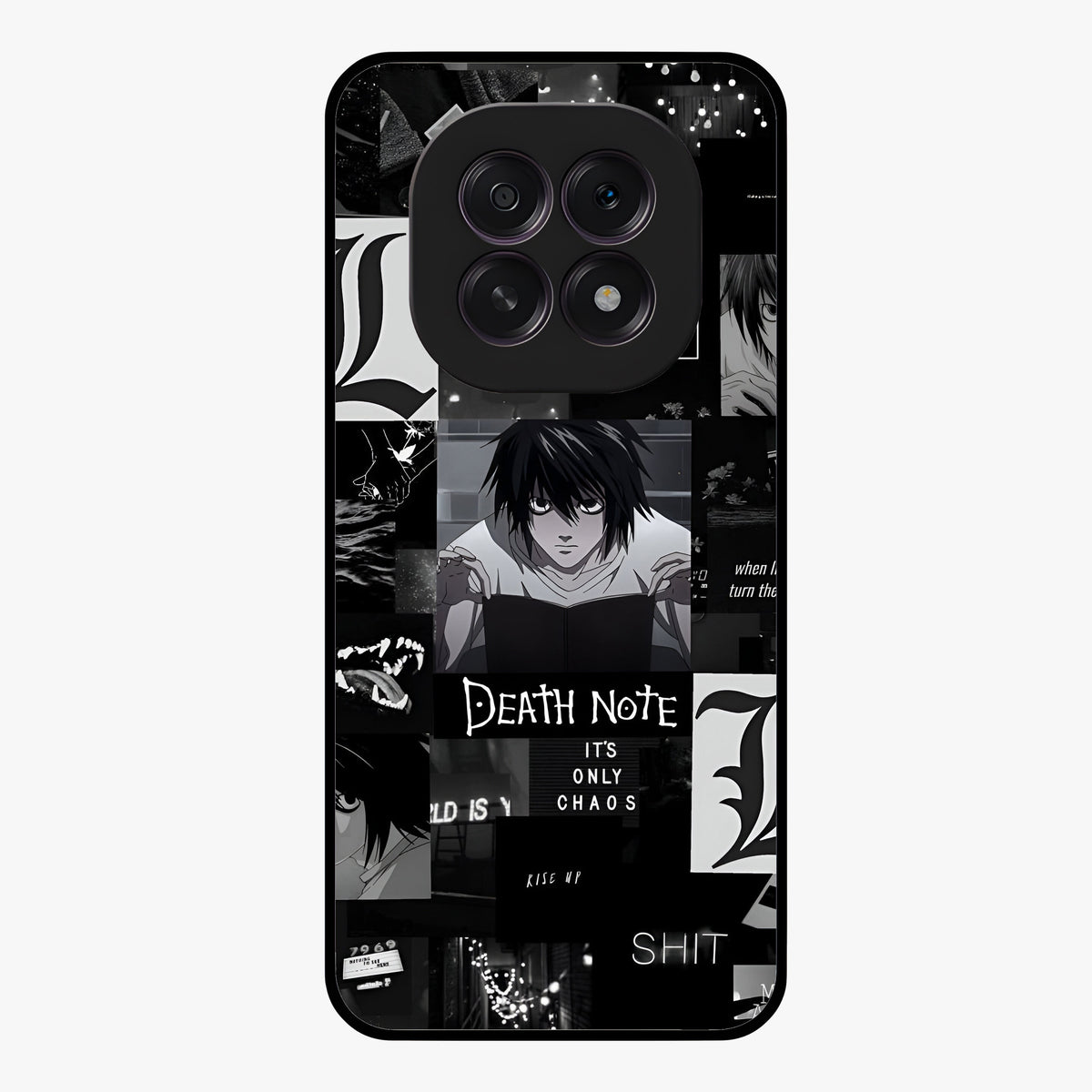 Midnight Chaos Mind Glass Case showing flat back view with abstract dark themed artwork and glossy glass finish.
