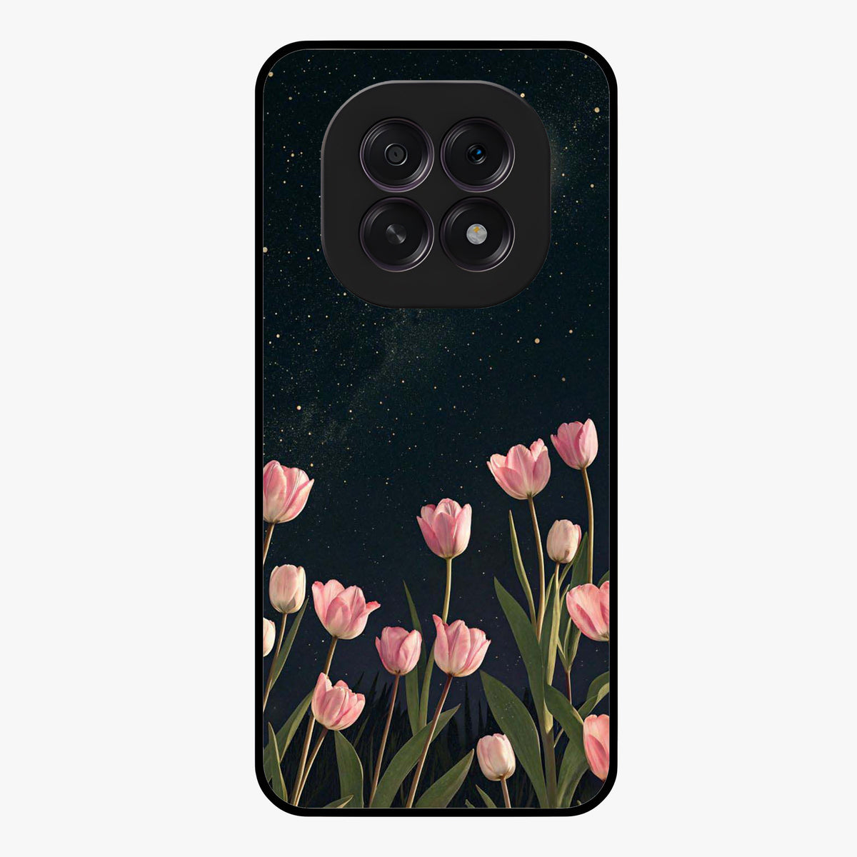 Midnight Tulip Whispers Vibe Glass Case showing flat back view with elegant tulip flower artwork and glossy glass finish.