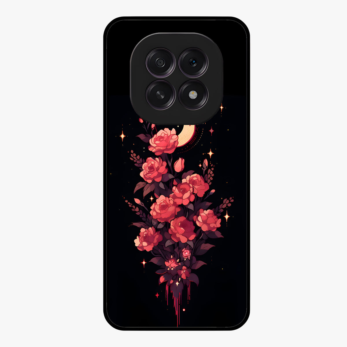 Moonlit Floral Elegance Glass Case showing flat back view with elegant floral artwork under moonlit tones and glossy glass finish.