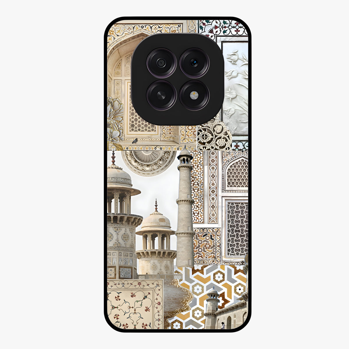 Mughal Marble Legacy Glass Case showing flat back view with intricate Mughal inspired marble pattern and glossy glass finish.