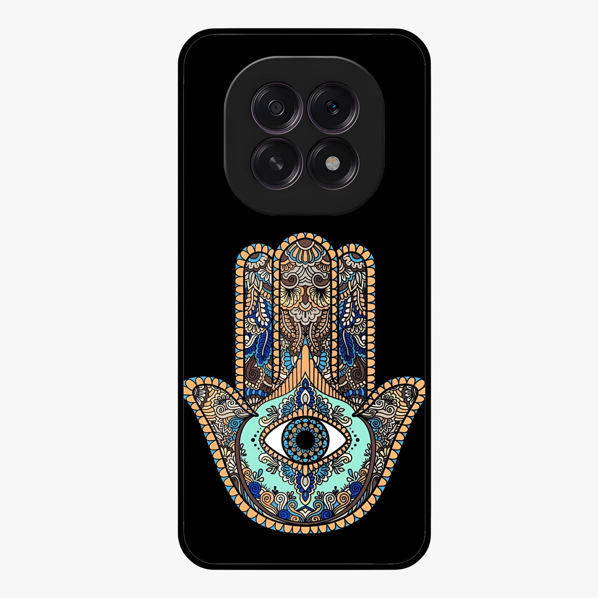 Mystic Hamsa Eye Glass Case showing flat back view with protective hamsa hand and evil eye artwork and glossy glass finish.