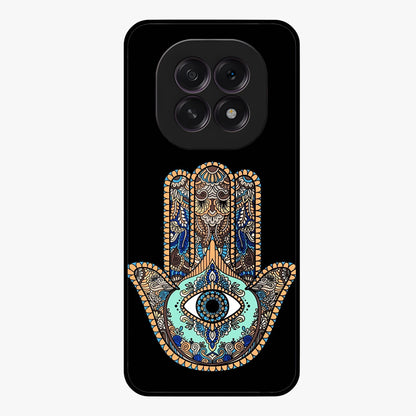 Mystic Hamsa Eye Glass Case showing flat back view with protective hamsa hand and evil eye artwork and glossy glass finish.