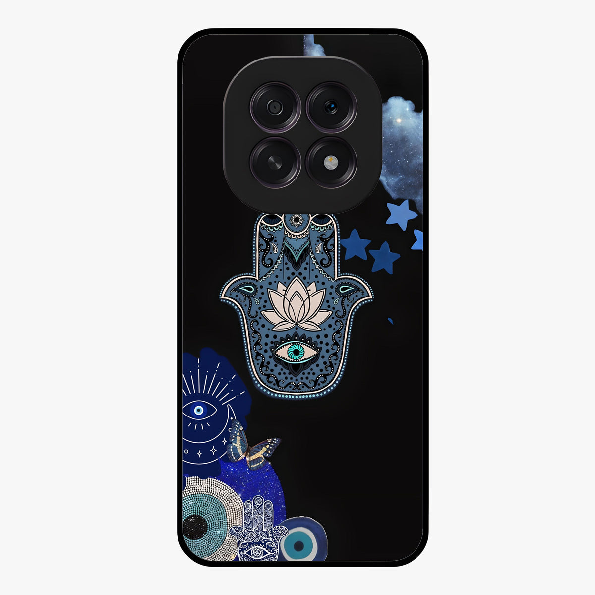 Mystic Hand Aura Glass Case showing flat back view with mystical hand symbol artwork and glossy glass finish.