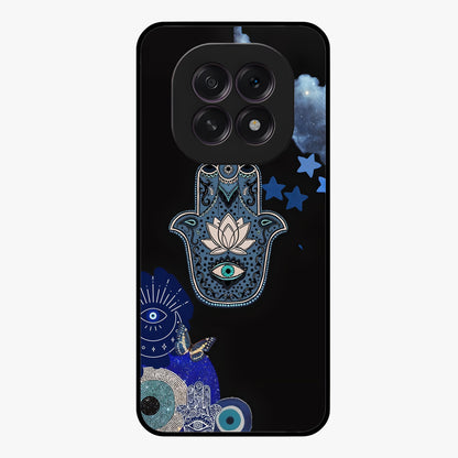 Mystic Hand Aura Glass Case showing flat back view with mystical hand symbol artwork and glossy glass finish.