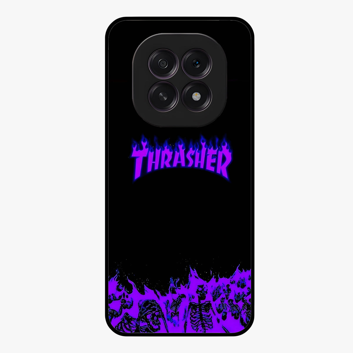 Neon Flame Riot Glass Case showing flat back view with neon flame artwork and glossy glass finish.