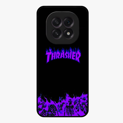 Neon Flame Riot Glass Case showing flat back view with neon flame artwork and glossy glass finish.