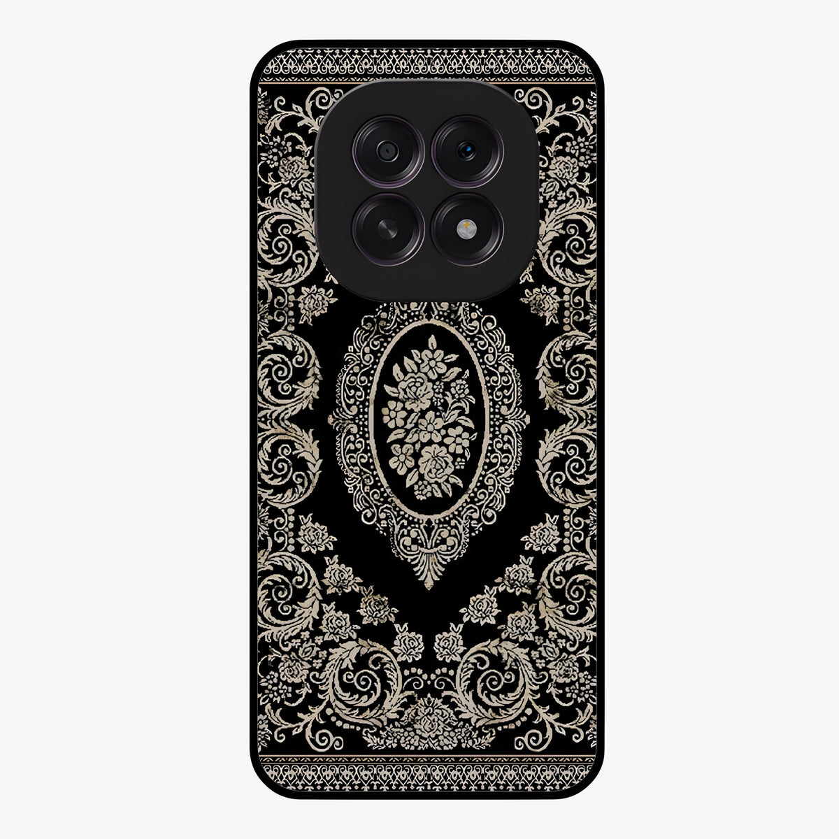 Noir Bloom Elegance Glass Case showing flat back view with elegant dark floral artwork and glossy glass finish.