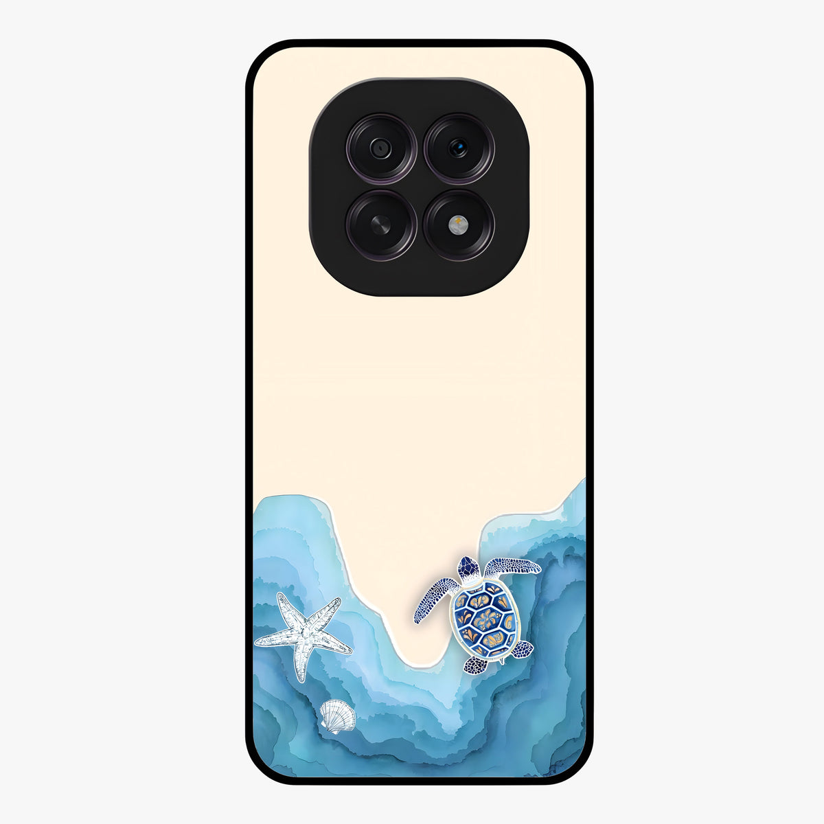 Ocean Drift Turtle Glass Case showing flat back view with sea turtle artwork and glossy glass finish.