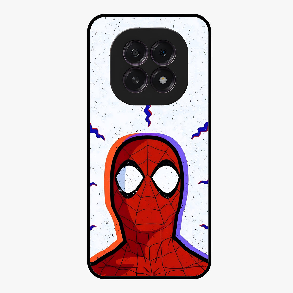 Omg Spiderman Glass Case showing flat back view with bold superhero inspired artwork and glossy glass finish.