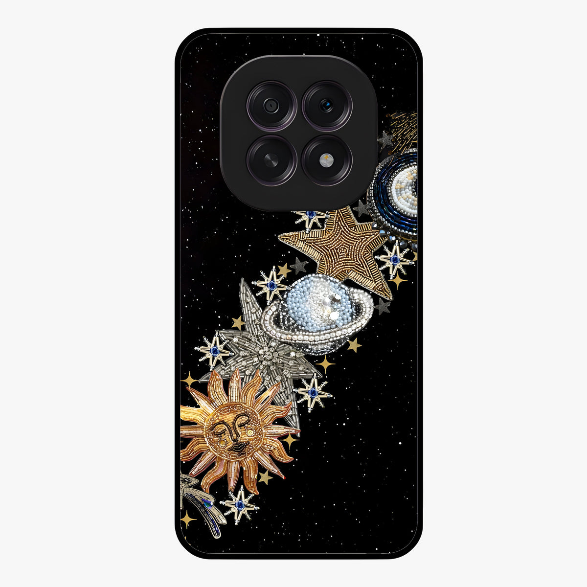 Pearls Universe Object Glass Case showing flat back view with pearl inspired cosmic artwork and glossy glass finish.