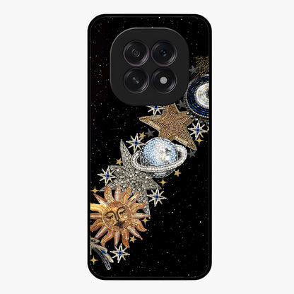 Pearls Universe Object Glass Case showing flat back view with pearl inspired cosmic artwork and glossy glass finish.