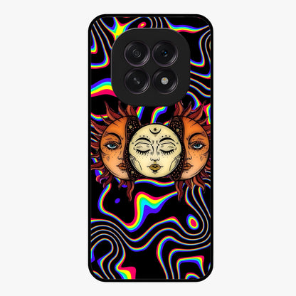 Psychedelic Sun Glass Case showing flat back view with colorful psychedelic sun artwork and glossy glass finish.