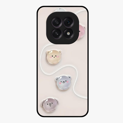 Puffy Face Parade Glass Case showing flat back view with cute puffy character faces artwork and glossy glass finish.