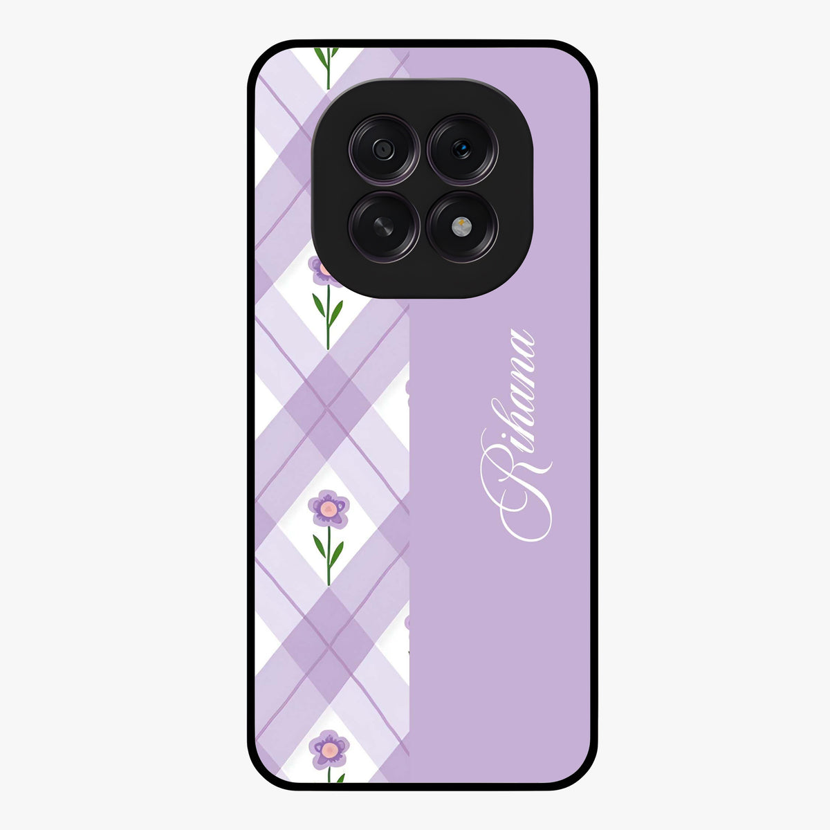 Purple Diamond Floral Glass Case showing flat back view with diamond shaped floral artwork and glossy glass finish.