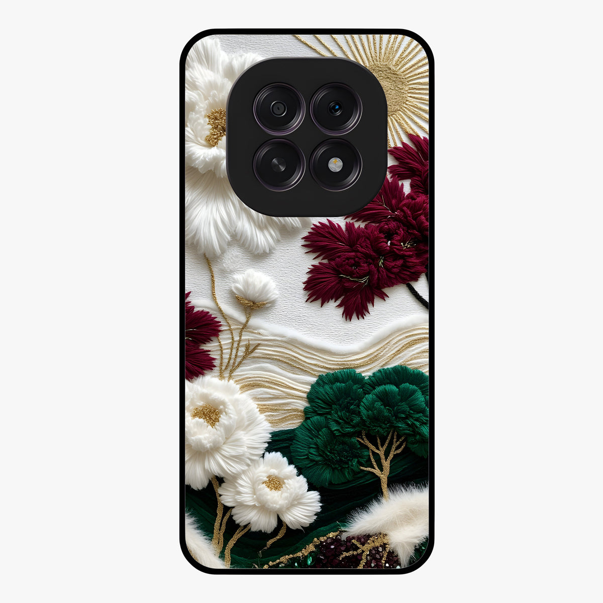 Radiant Bloom Elegance Glass Case showing flat back view with elegant blooming flower artwork and glossy glass finish.