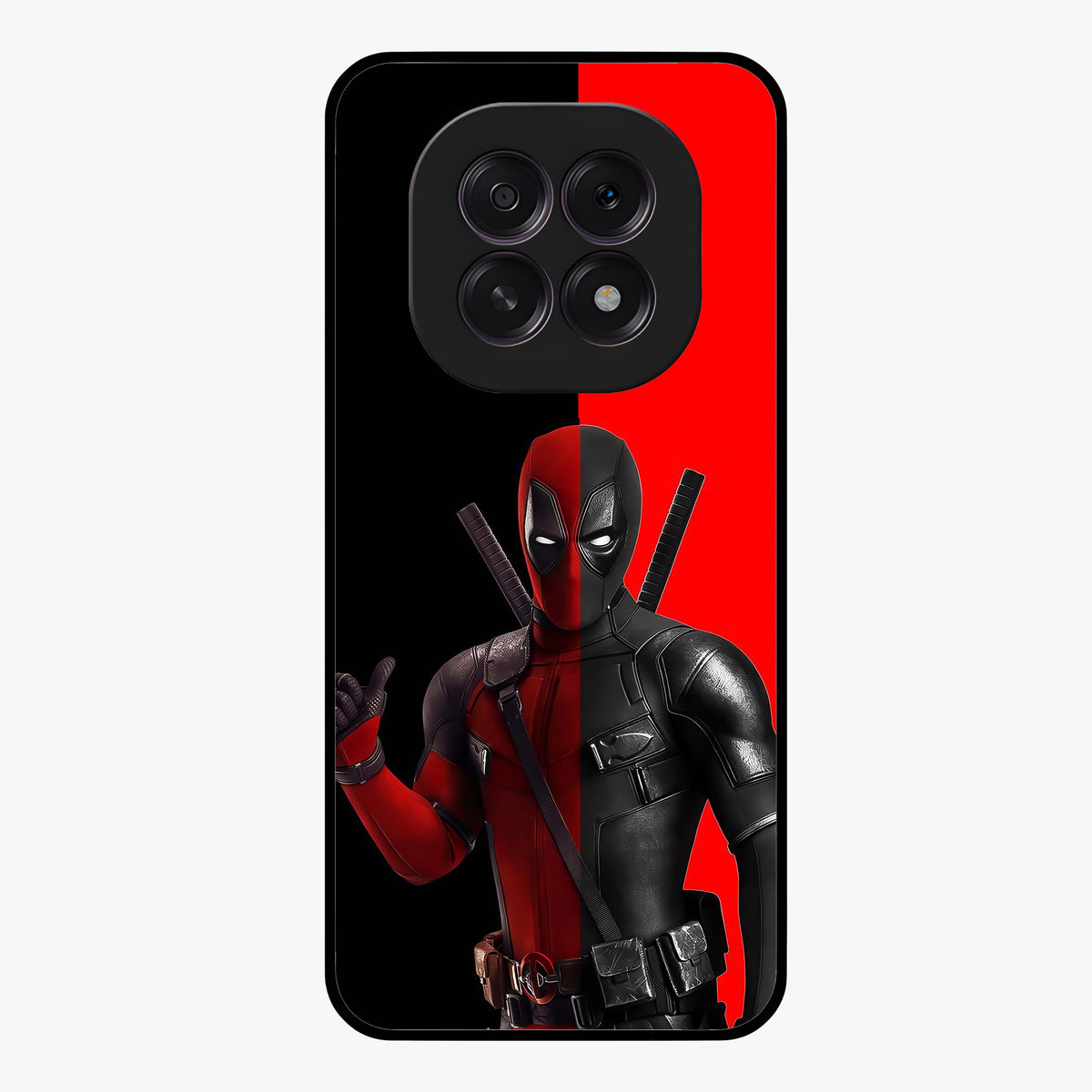 Red & Black Deadpool Theme Glass Case showing flat back view with bold comic inspired artwork and glossy glass finish.