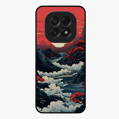 Red Sunset Scenery Glass Case showing flat back view with vibrant sunset landscape artwork and glossy glass finish.